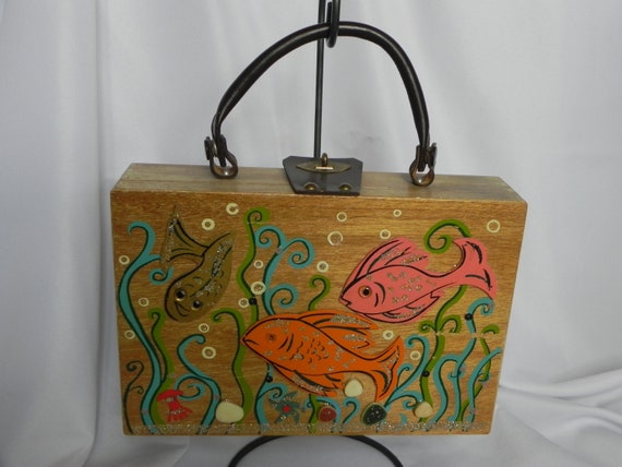 Brown Wood Box Purse Handbag with Multicolored Fis
