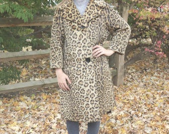 Vintage 1960er Jahre Leopardenmuster Langer Kunstpelz Winter Swing Mantel