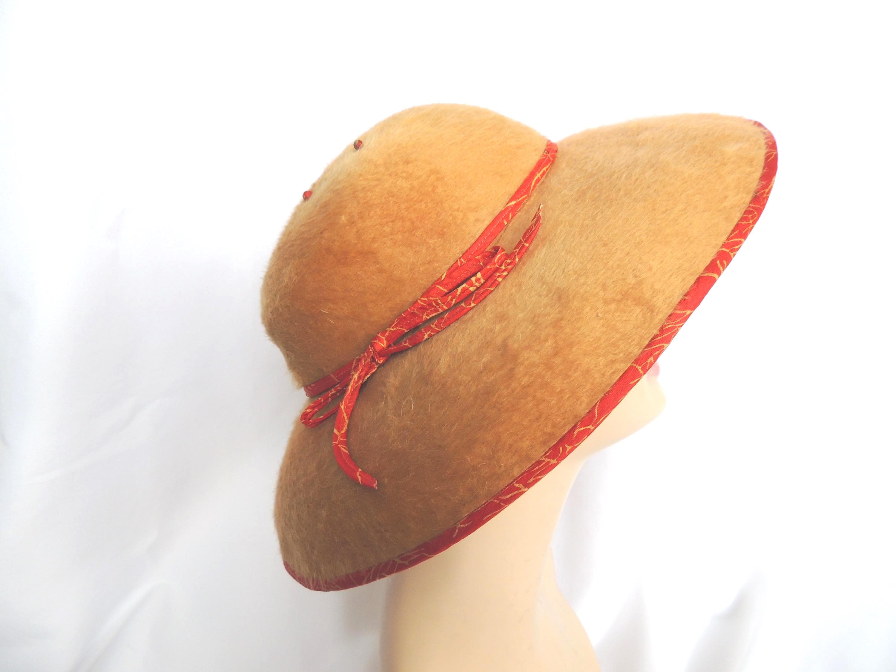 NWT Original Mr. John Classic Wide Brim Hat w/Mettalic Gold Large Rose Flower Vintage Mr. John Classic Wide Brim Cream & Rose Flower Wool  main image 3