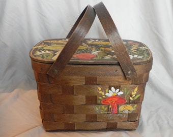 Brown Large Wicker Basket Purse Handbag with Hand Painted Flowers and Butterfly