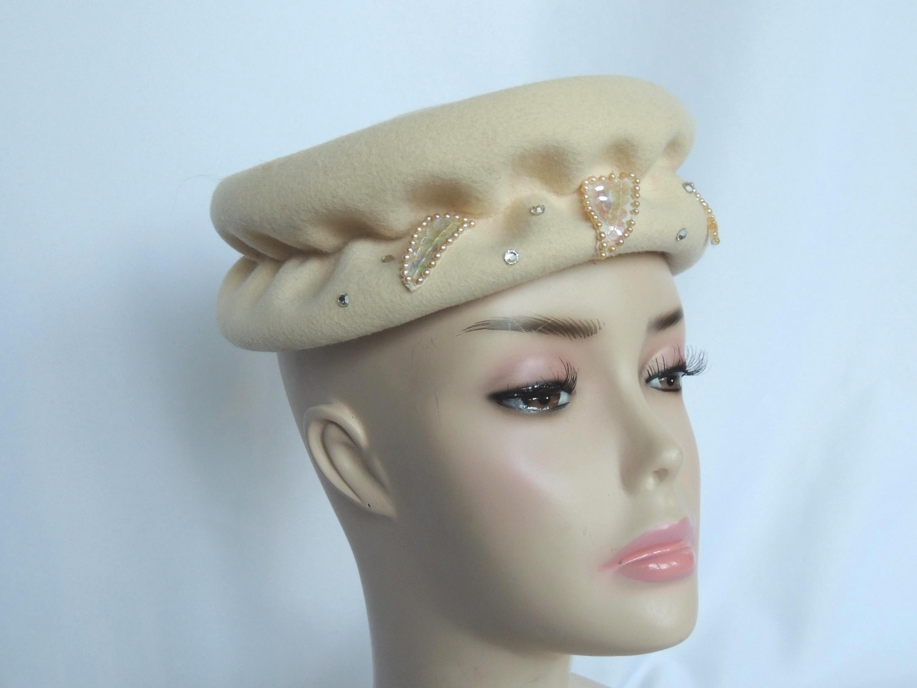Vtg Pillbox Dress Hat Felt Beaded Sequin Gold Ivory Top Church Whittall and Shon Church Hats - Etsy main image 3