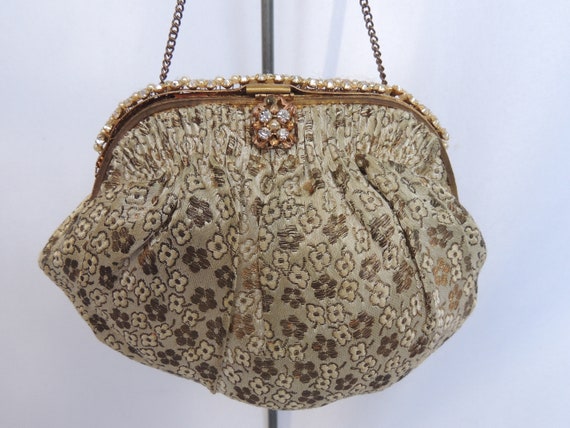 Vintage Gold and Beige Brocade Small Purse Evenin… - image 3