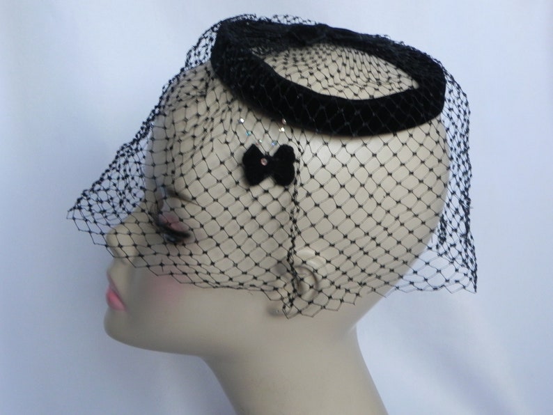 Black Open Crown Pillbox Hat Dress Hat Easter Sunday Hat Veil Etsy