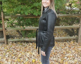 Vintage 1990's Short Black Leather Zippered Jacket With Belt and