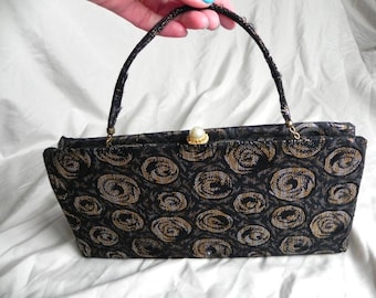 Black Silver and Gold Brocade Clutch Purse Handbag Evening Bag with Handle by Ande'