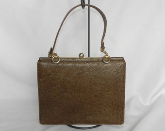 1950's of 1960's Brown Vintage Struisvogel Huid Kelly Stijl Handtas Portemonnee door Susan Gail