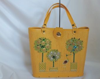 Vintage Enid Collins Look-alike Yellow/Gold/Mustard Handbag Purse with Embellished Trees and Bird