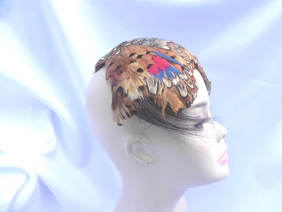 Brown and Beige Feathered Half Hat Mini Hat Fasci… - image 2