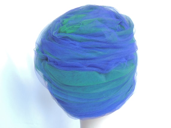 Vintage Blue and Green Tulle Turban Hat Dress Hat… - image 5