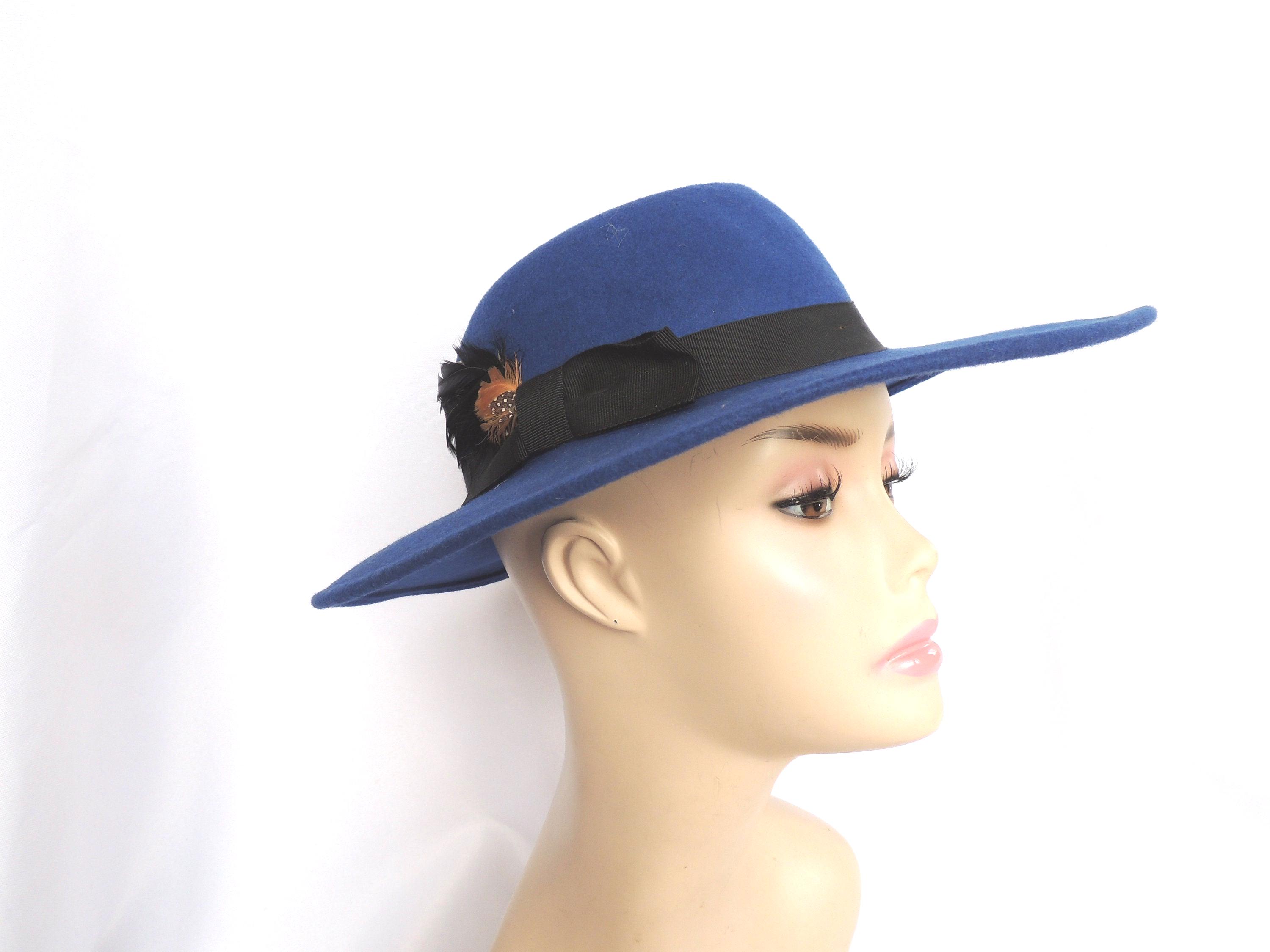 Vintage Royal Blue Wide Brim Wool‎ Felt Hat with Black Trim Occasion Formal Magik Vintage Women Ladies Wide Brim Floppy Warm Wool Blend  main image 4
