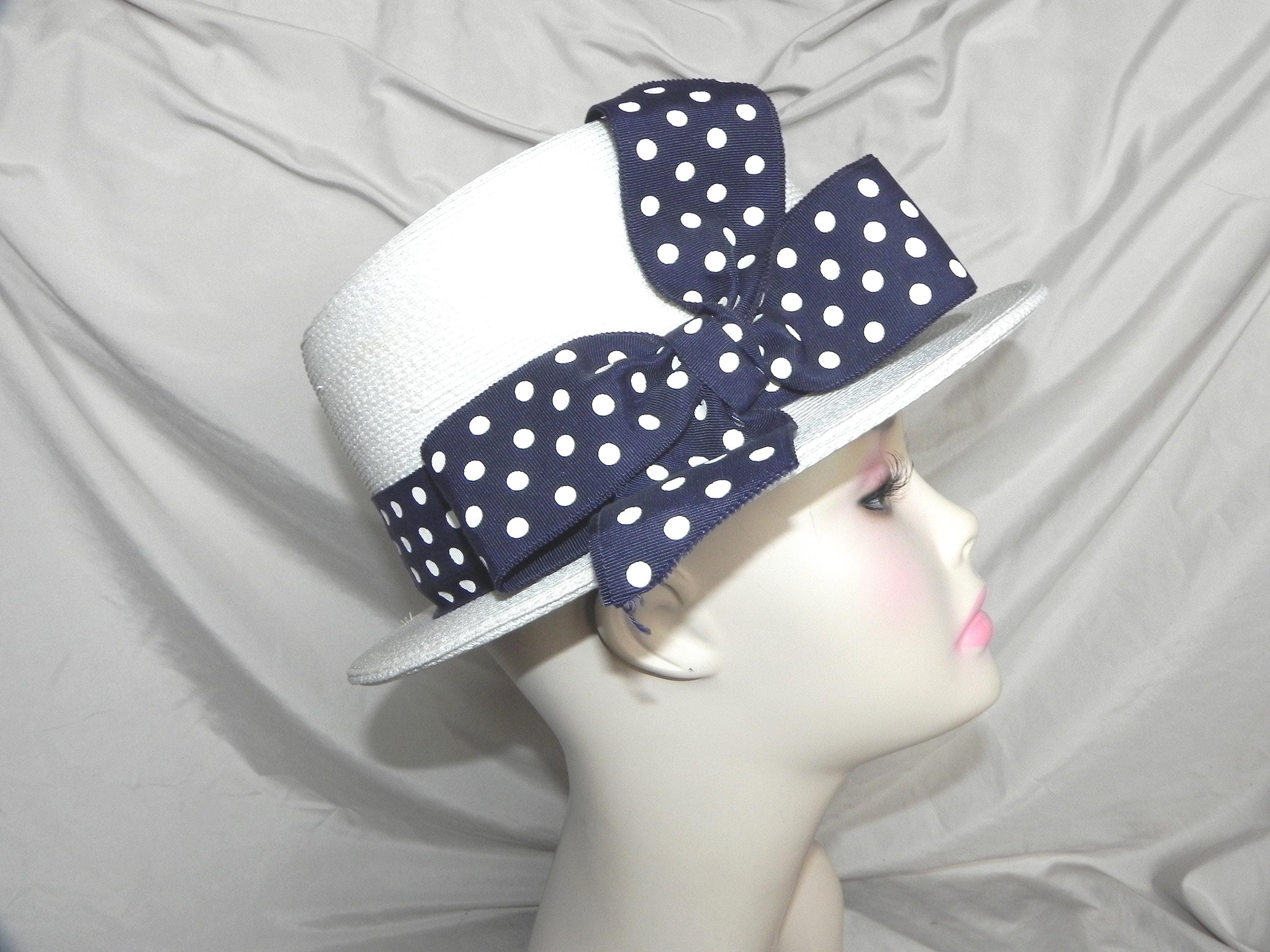 Vintage White Straw Boater Style Dress Hat With Black Polka  display picture 1