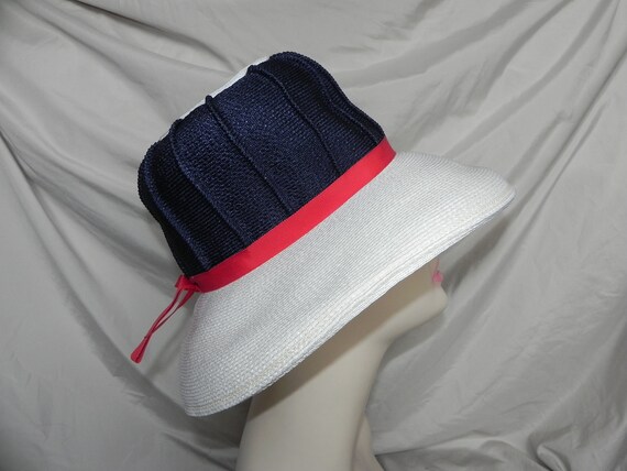 White and Blue Straw Synthetic Weave Bucket Hat W… - image 2