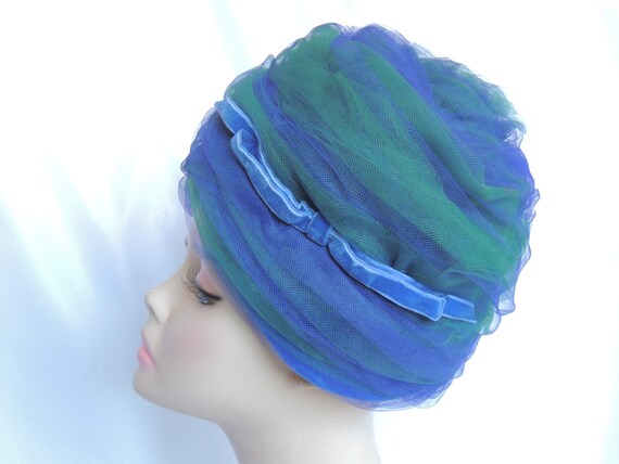 Vintage Blue and Green Tulle Turban Hat Dress Hat… - image 3