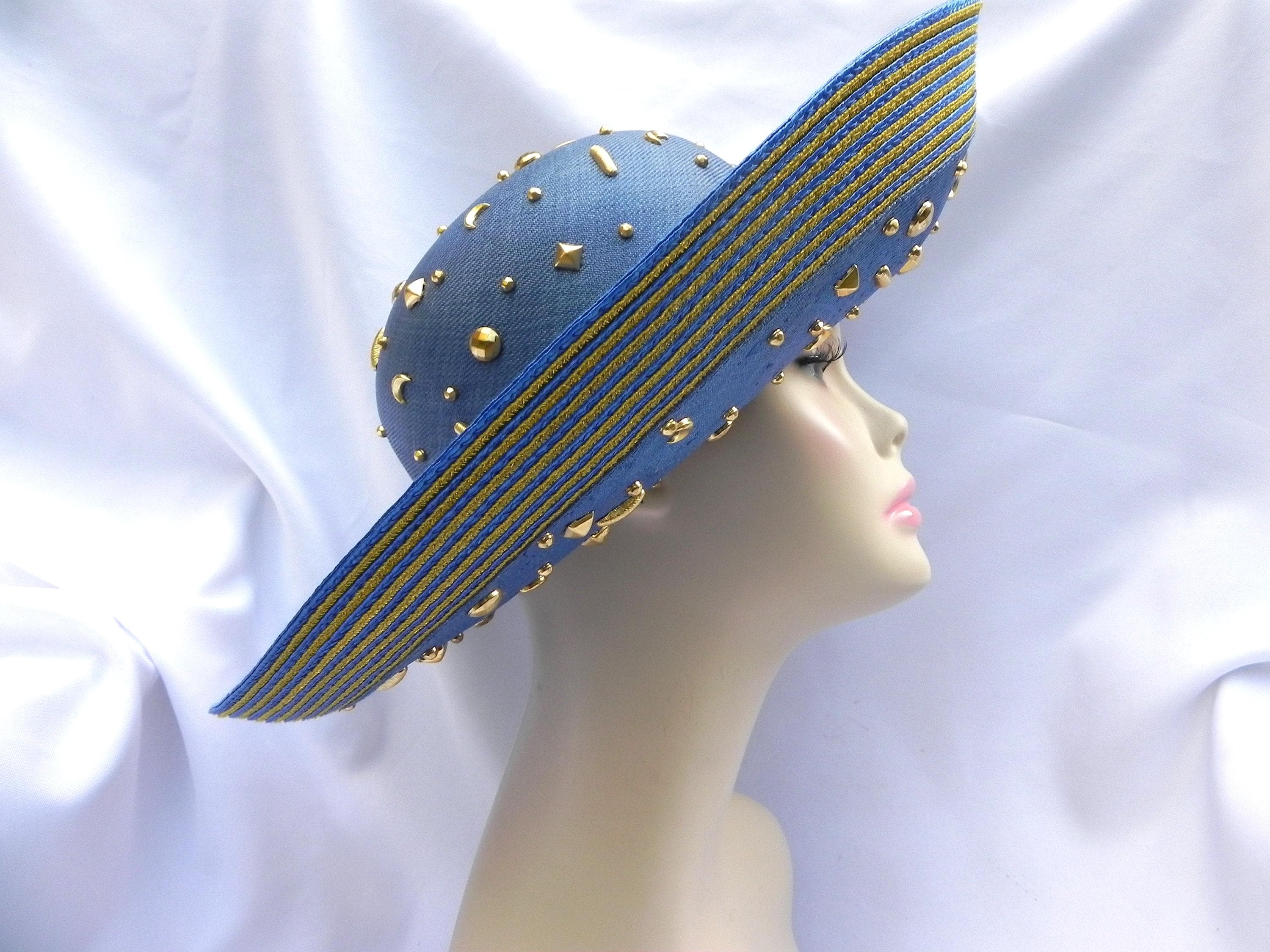 Jack McConnell Boutique Vintage Blue White Straw Hat Bow Asymmetrical Brim Derby Vintage Jack Mcconnell Blue Straw Fancy Hat Derby Hat  main image 4