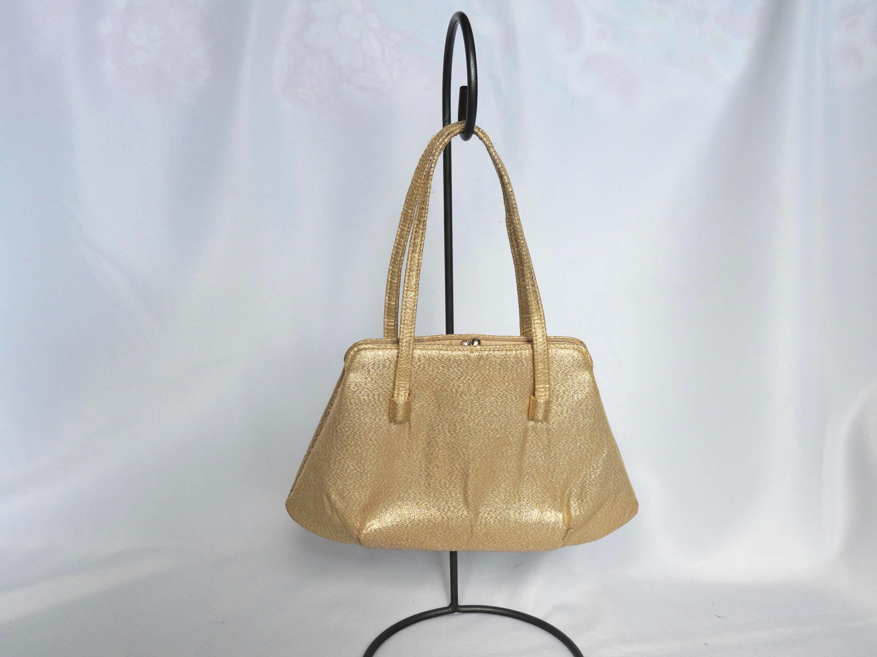 Vintage 1950's or 1960's Metallic Gold Fabric 3 Compartment Evening Bag Handbag Purse
