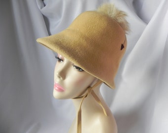 Adolfo II Camel Color Tan Wool Felt Italian Cloche Hat Dress Hat Bucket Hat Wool Hat Church Hat