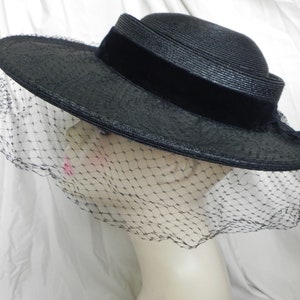 1940's Black Roberta Bernays Original Straw Hat Wide Brim Hat Platter Hat Saucer Hat Derby Hat Sunday Hat image 2