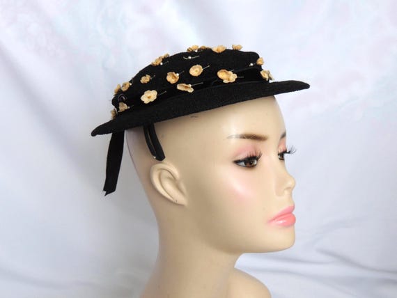 Vintage/Antique Black Boater Style Hat Small Plat… - image 1