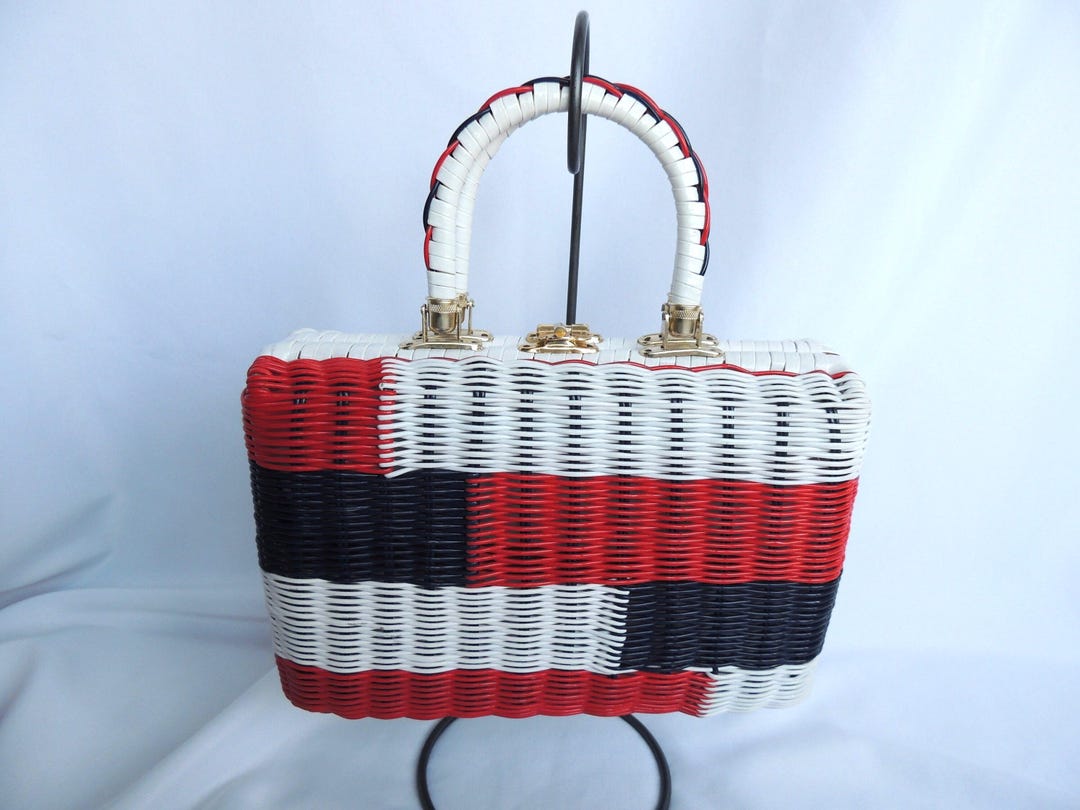 Vintage Red, White, and Blue Wicker Straw Handbag Purse Top Handle
