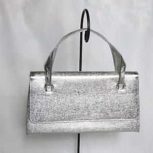 Vintage Metallic Silver Vinyl MCM Mid Century Modern Purse Handbag Evening Bag Top Handle Bag