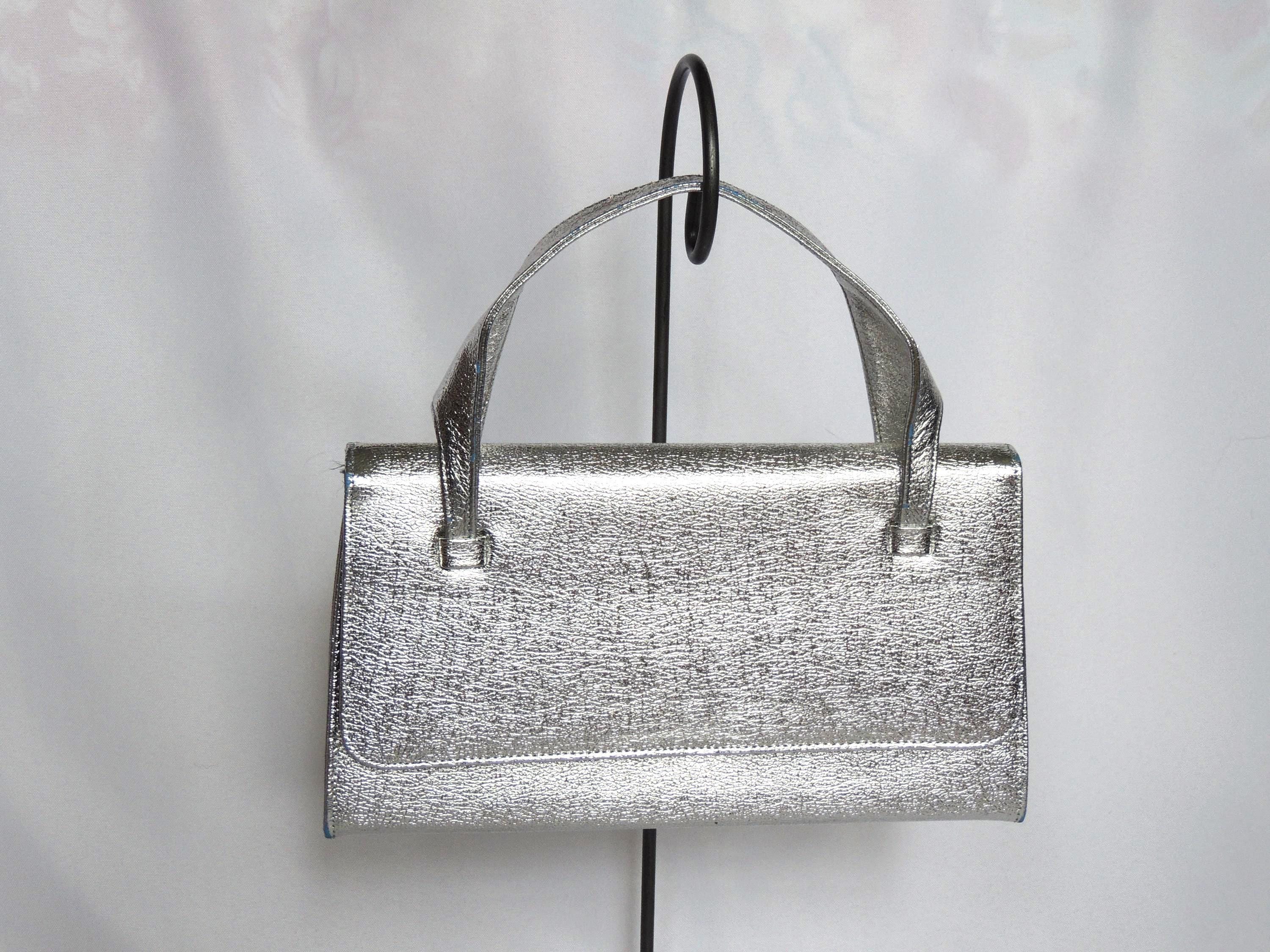 Vintage Metallic Silver Vinyl MCM Mid Century Modern Purse Handbag