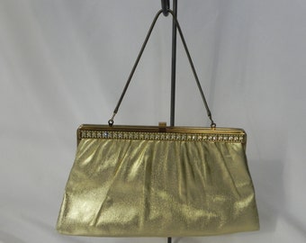 Gold Lame' Harry Levine Clutch Purse Evening Bag Handbag With Rhinestones