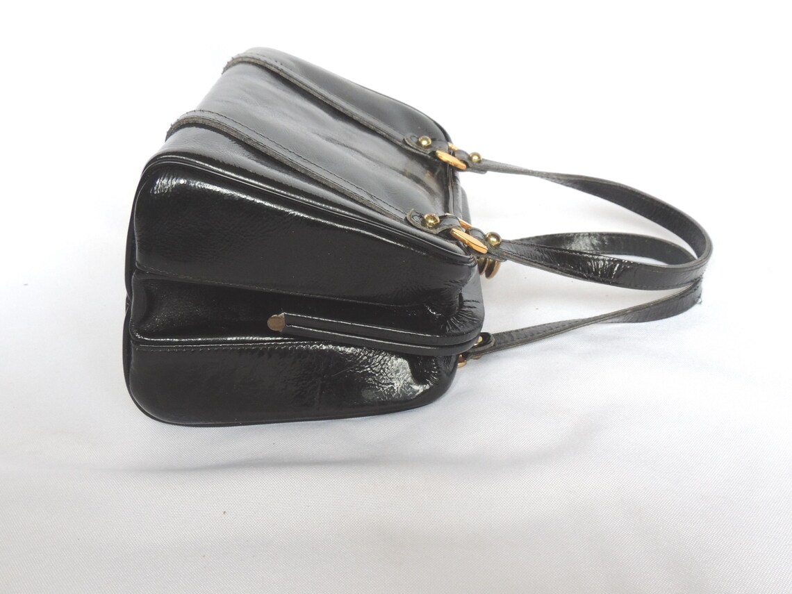 Vintage 1960's Black Textured Patent Leather Handbag Purse, Foto 4 von 5