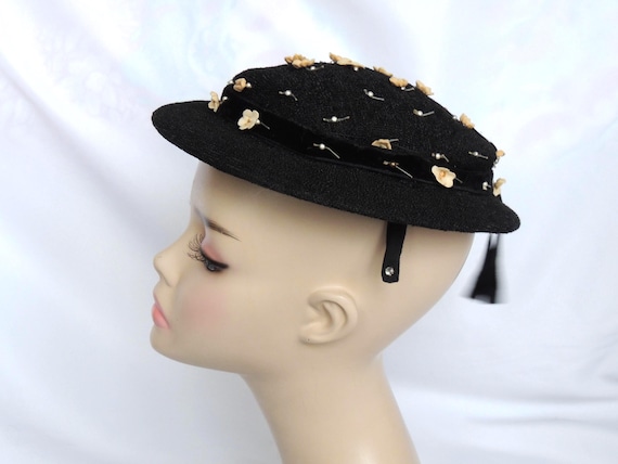 Vintage/Antique Black Boater Style Hat Small Plat… - image 3