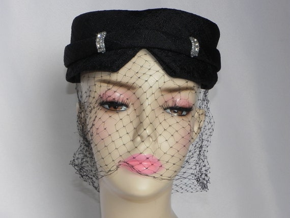 Black Linen Pillbox Hat Cocktail Hat Evening Hat … - image 2