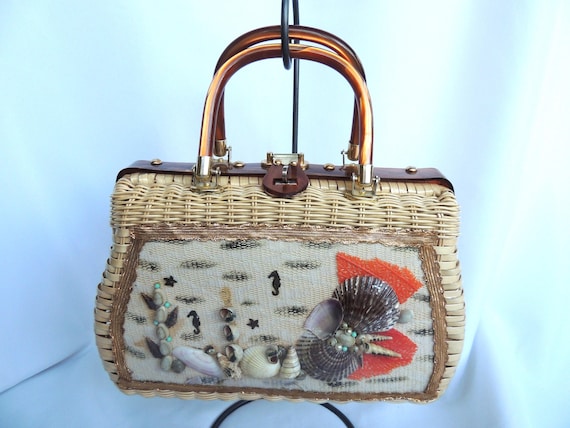 Vintage Natural Wicker/straw Purse Handbag With Lucite Frame  display picture 1