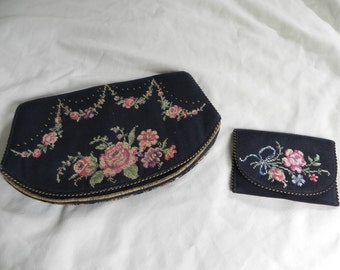 Black Silk Clutch Purse Evening Bag Handbag with Petite Point Flowers and Matching Coin Purse