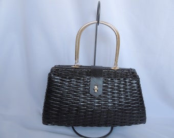 Vintage Black Wicker Handbag Straw Purse Top Handle Bag by Simon Straw Bags