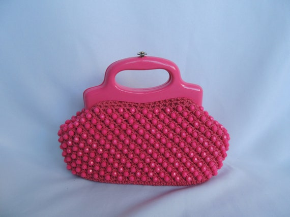 Vintage 1960's Pink Straw Woven Raffia and Beaded… - image 2