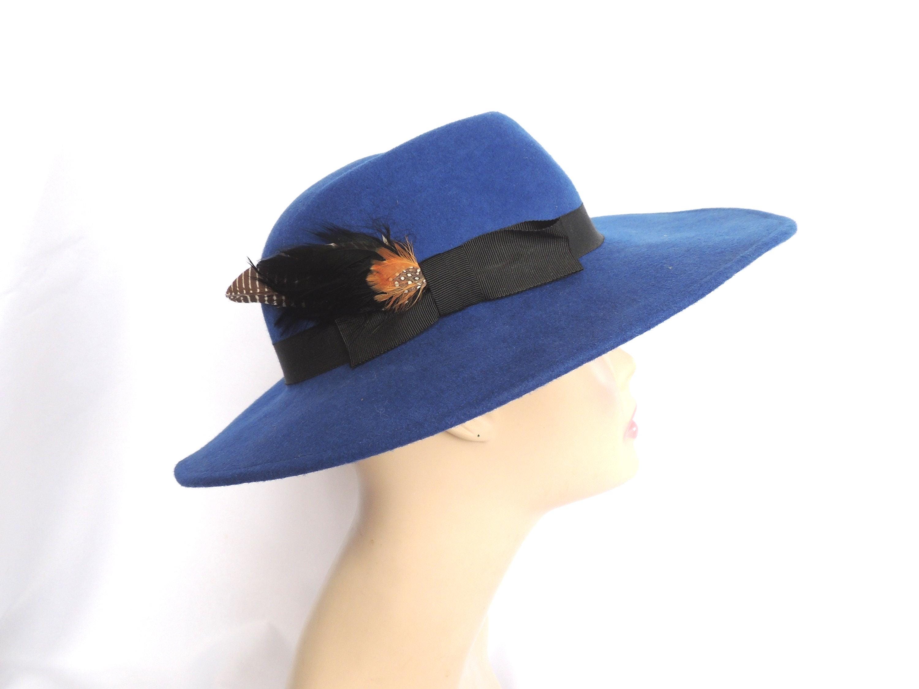 Vintage Royal Blue Wool Felt Fedora Style Wide Brim Dress 