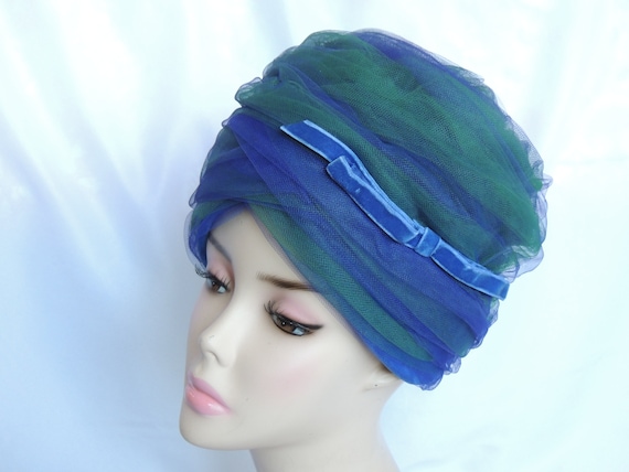 Vintage Blue and Green Tulle Turban Hat Dress Hat… - image 1