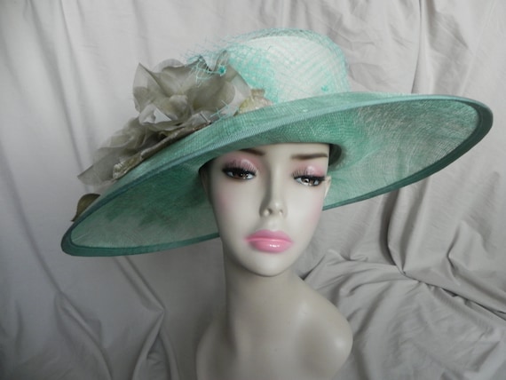 Aqua Blue Wide Brimmed Straw Derby Hat, Dress Hat,