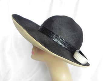 1960's or 1970's Mr. John Classic Navy Blue and White Natural Straw Hat Dress Hat Wide Brim Hat Derby Hat Sun Hat