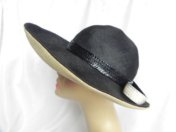 1960's or 1970's John Classic Navy Blue and White Natural Straw Hat  Dress Hat Wide Brim Hat Derby Hat Sun Hat