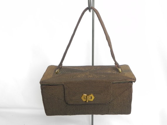 1940's Brown Corde' Corded Box Purse Handbag - image 1