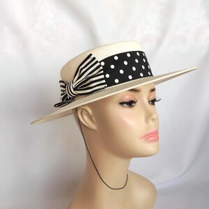 Vintage Miss Bierner White Straw Boater Hat With Black Polka  display picture 1