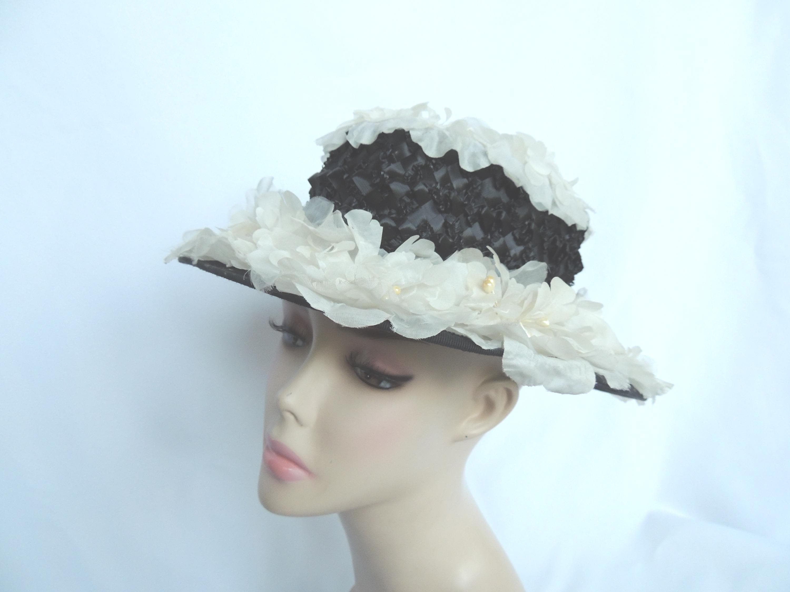 Fashion Black White Boater Straw Pearls Flowers Hat Woman Formal Accessory Gift Joan Black and White Wide Brim Boater. Hats for Men & Women main image 2