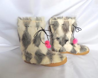 Vintage Kate Spade Grau und Weiße Kaninchen Pelz Winter Stiefel