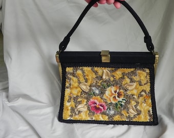 Black Wool Felt Carpetbag Handbag Purse with Gold Brocade Fabric, Beads, and Needlepoint Flowers