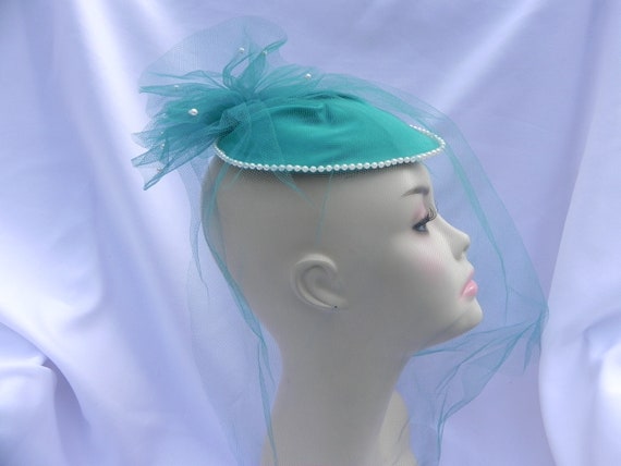 Vintage Teal Blue Derby Fascinator Hat Mini Hat M… - image 3