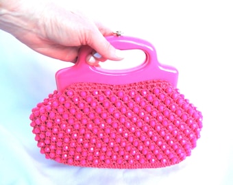 Vintage 1960's Pink Straw Beaded Handbag Purse Top Handle Bag