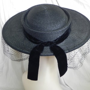 1940's Black Roberta Bernays Original Straw Hat Wide Brim Hat Platter Hat Saucer Hat Derby Hat Sunday Hat image 3