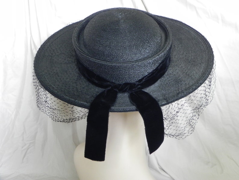 1940's Black Roberta Bernays Original Straw Hat Wide Brim Hat Platter Hat Saucer Hat Derby Hat Sunday Hat image 3