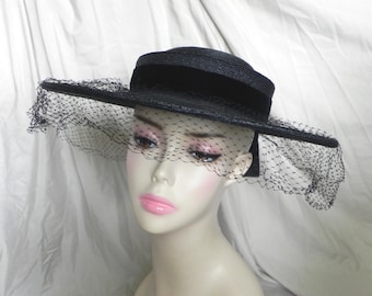 1940&#39;s Black Roberta Bernays Original Bergere Hat Straw Hat Wide Brim Hat Platter Hat Saucer Hat Derby Hat Sunday Hat