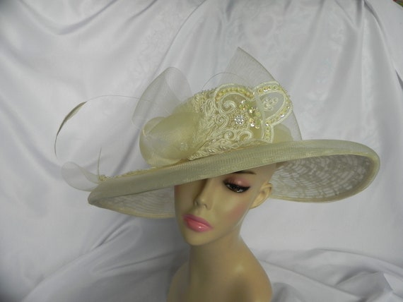 Ivory Synthetic Straw Fancy Hat Derby Hat Wedding… - image 1