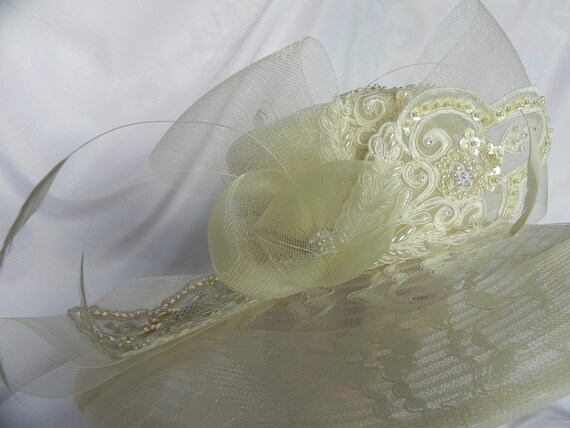 Ivory Synthetic Straw Fancy Hat Derby Hat Wedding… - image 5